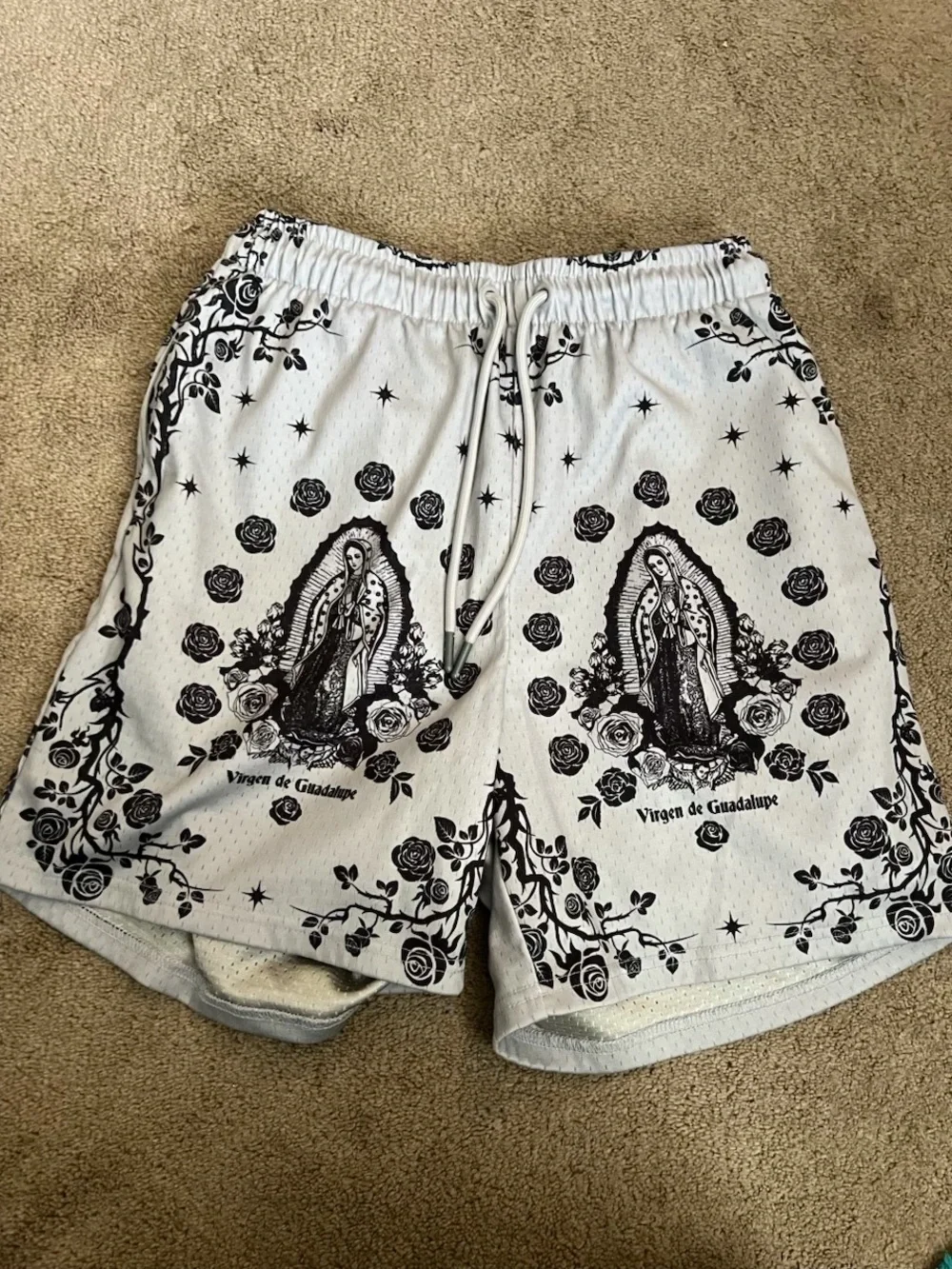 White & Black Virgen de Guadalupe Graphic Athletic Shorts for Men